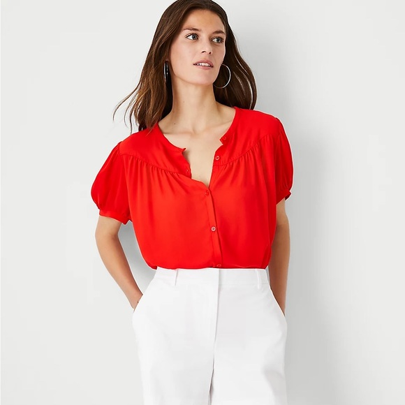 Ann Taylor Tops - Ann Taylor Mixed Media Button Puff Sleeve Top Vibrant Red L Large